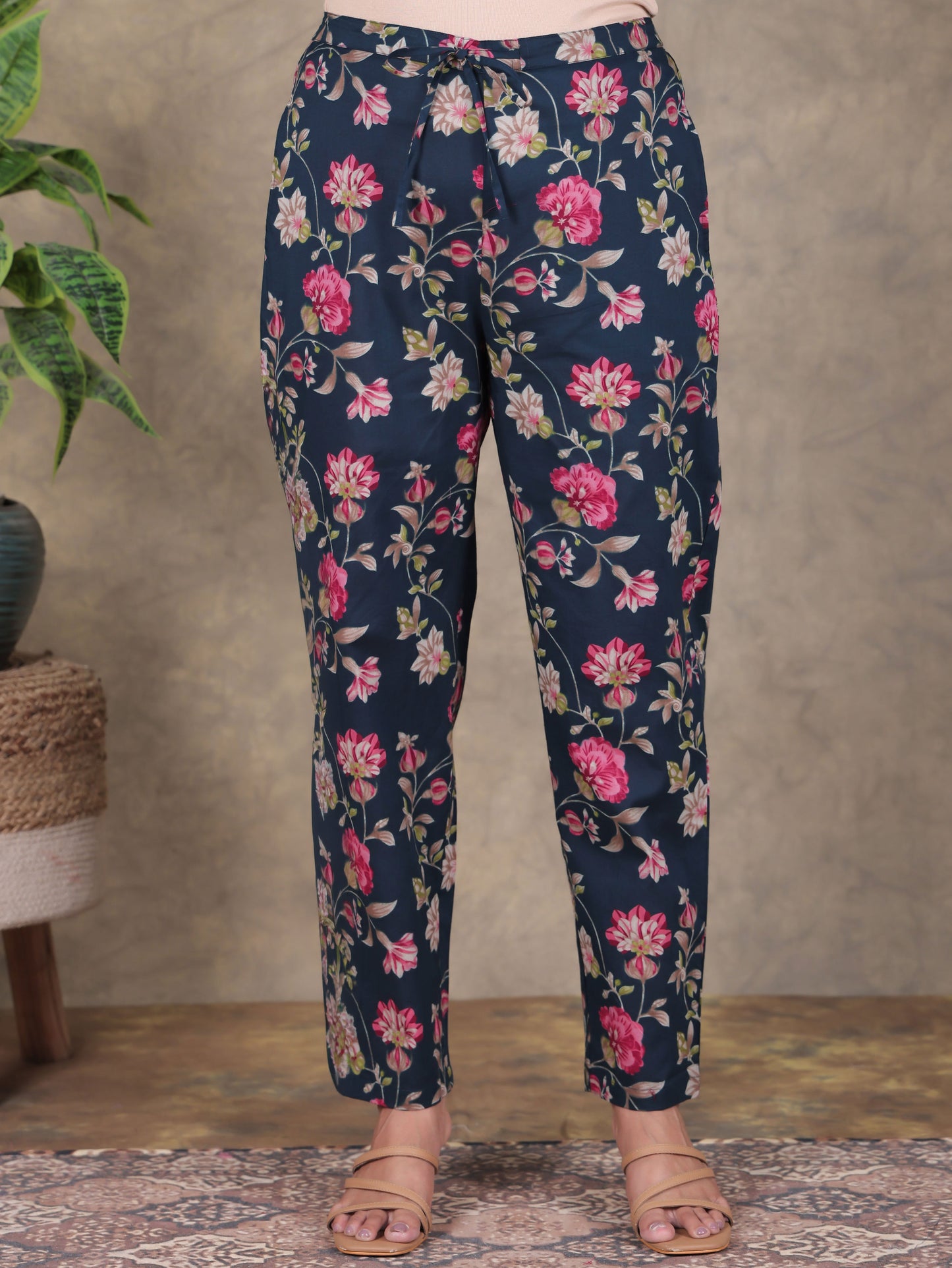 Soft Cotton Floral Blue Tapered Trousers