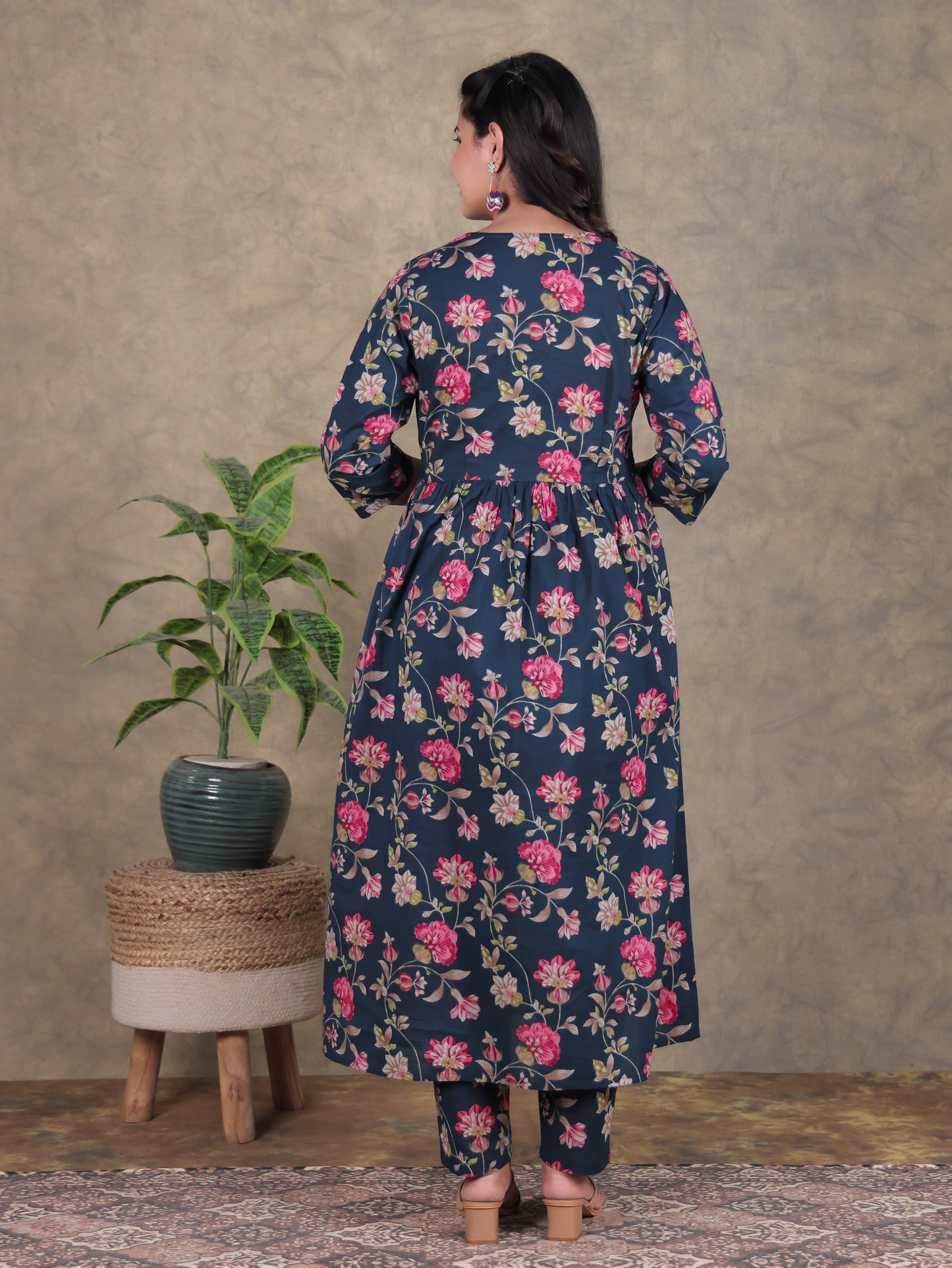 Soft Cotton Floral A-line Blue Kurta