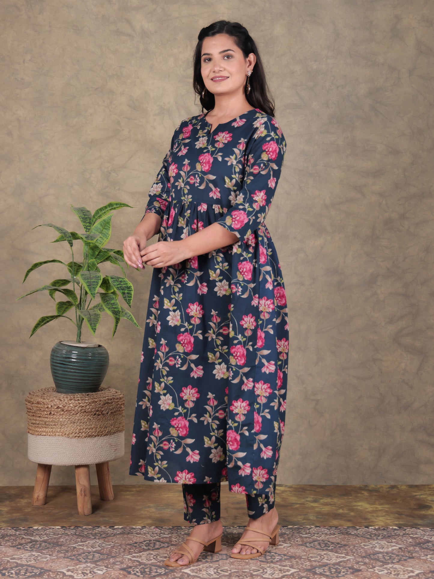 Soft Cotton Floral A-line Blue Kurta