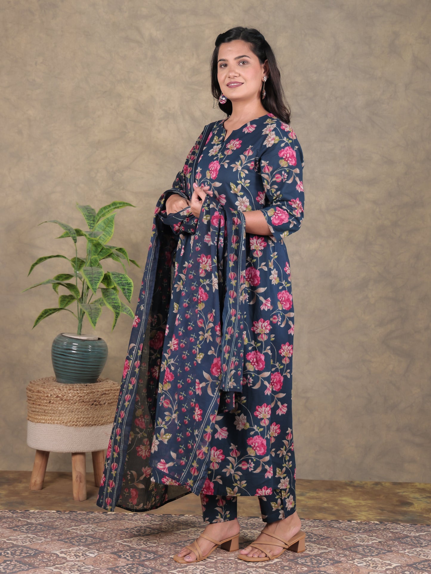Soft Cotton Floral A-line Blue Kurta