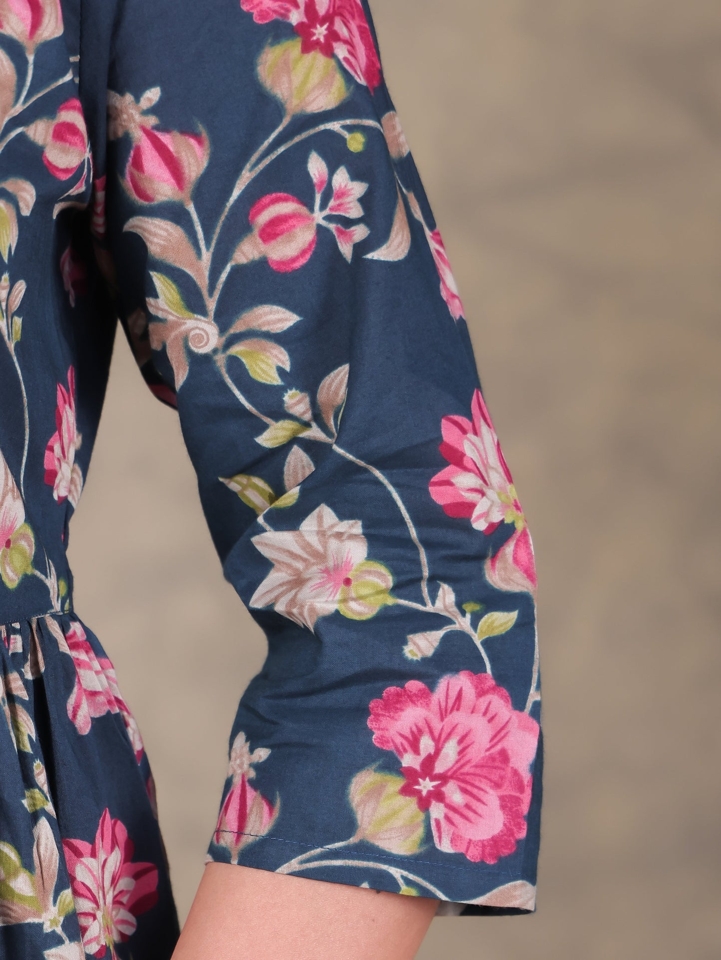 Soft Cotton Floral A-line Blue Kurta