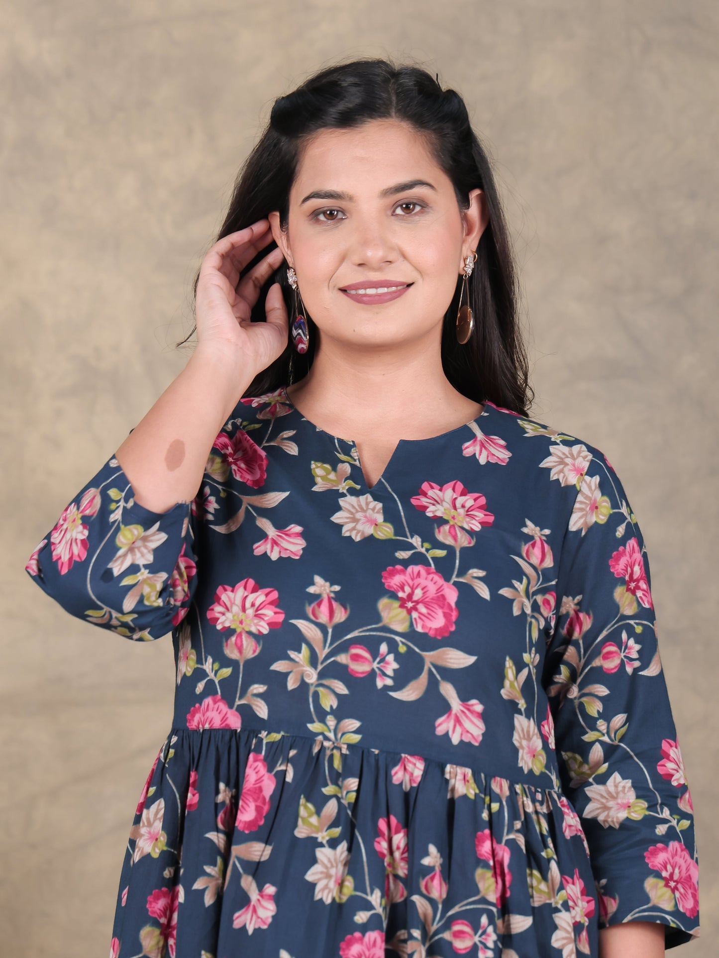 Soft Cotton Floral A-line Blue Kurta