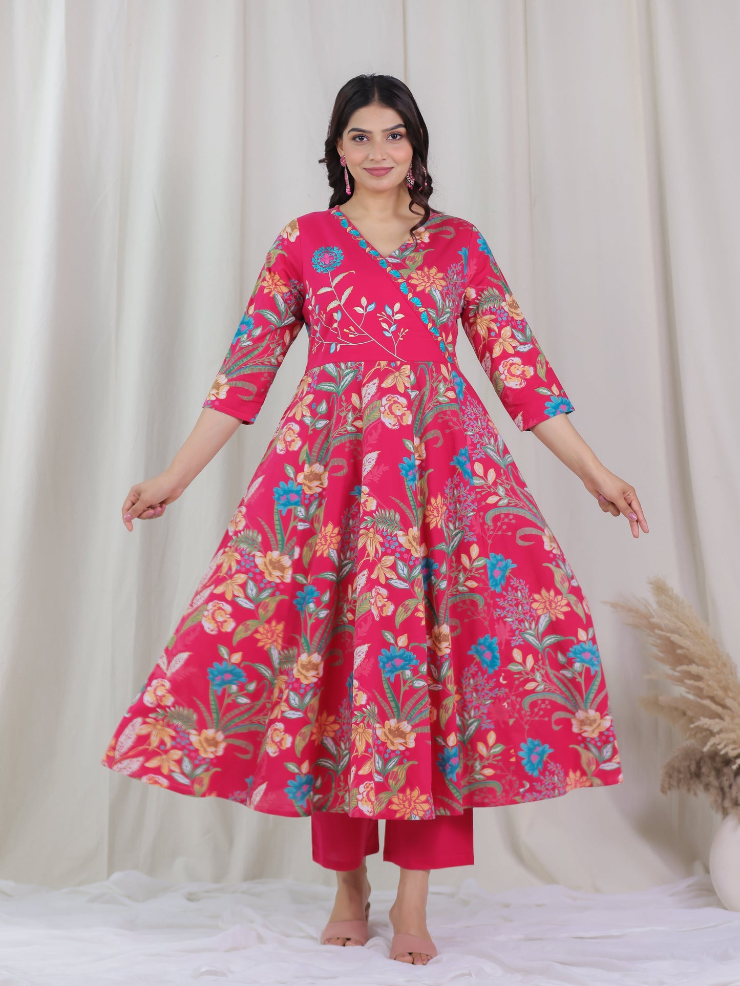 Embroidered Soft Cotton Floral Angrakha Pink Kurta