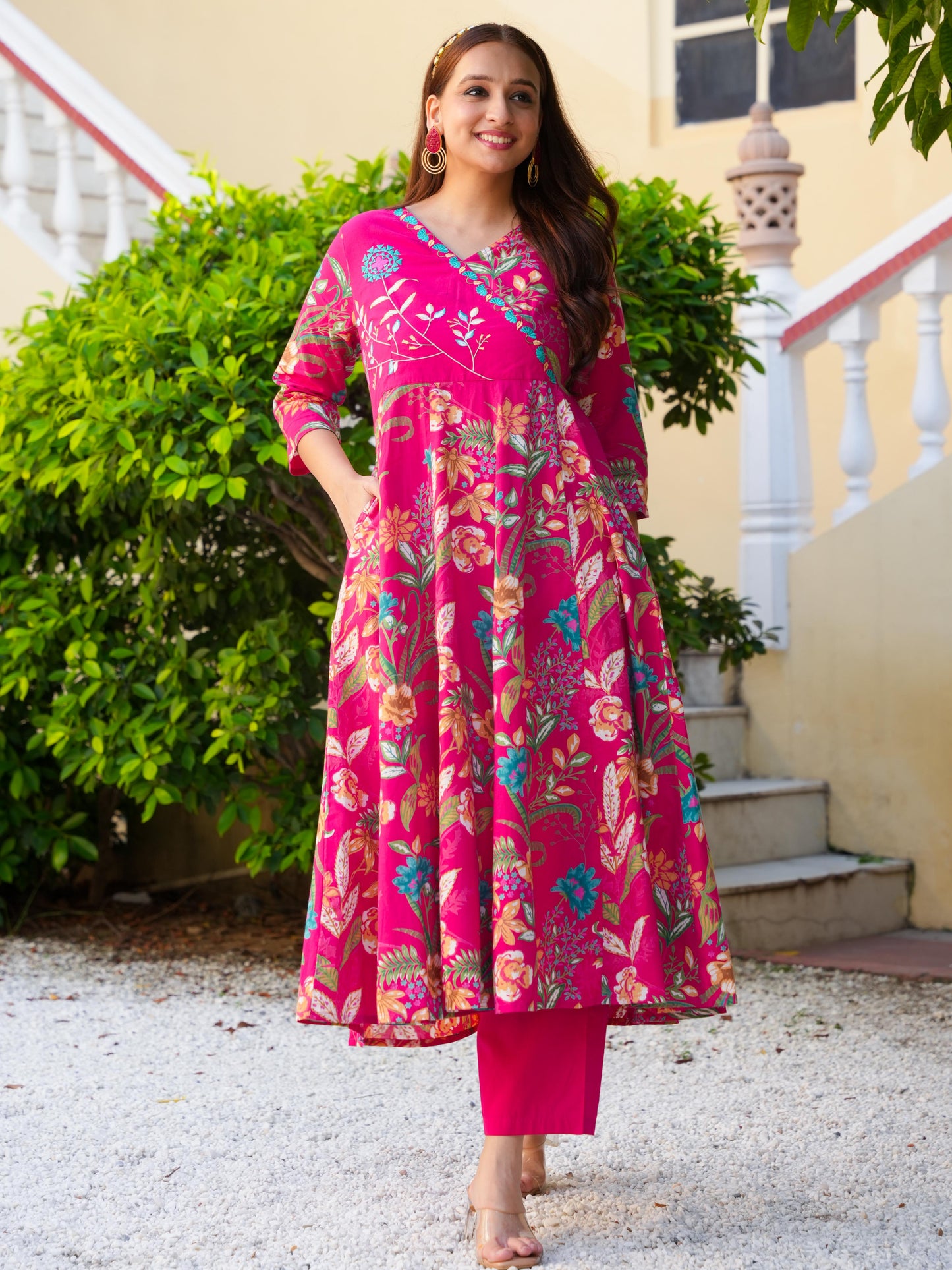 Embroidered Soft Cotton Floral Angrakha Pink Kurta