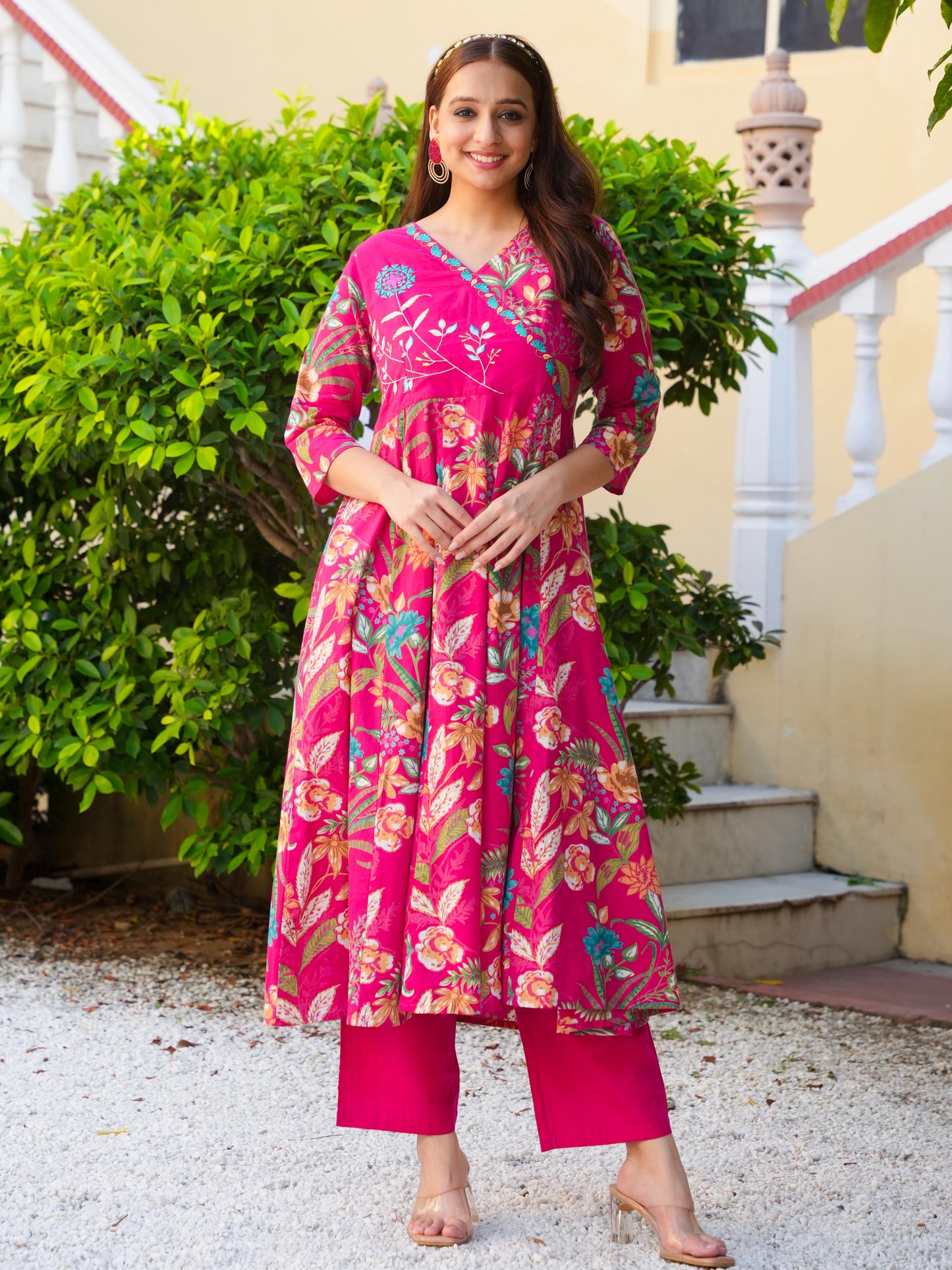 Embroidered Soft Cotton Floral Angrakha Pink Kurta