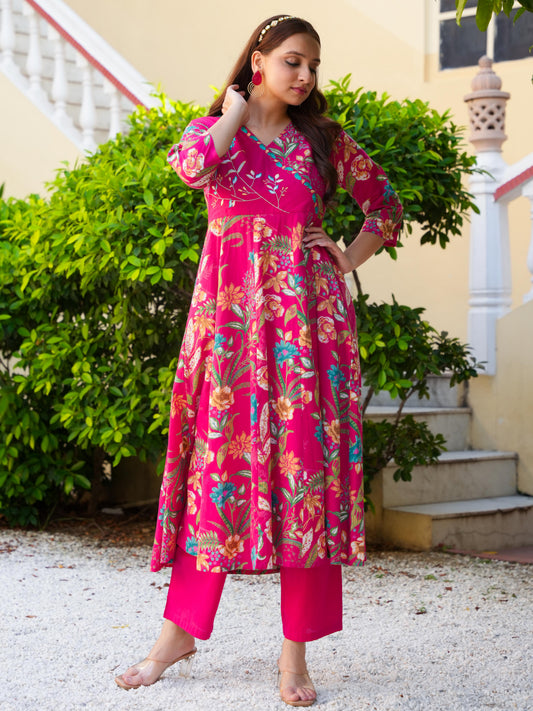 Embroidered Soft Cotton Floral Angrakha Pink Kurta