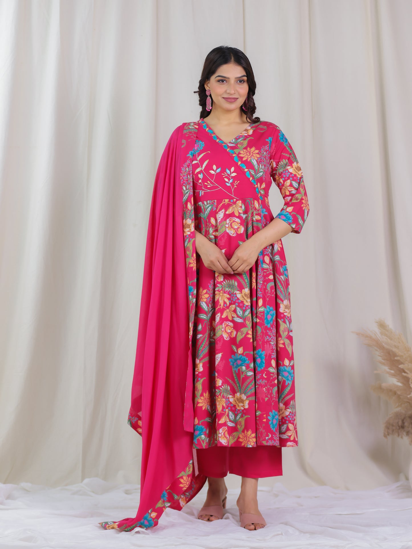 Embroidered Soft Cotton Floral Angrakha Pink Kurta