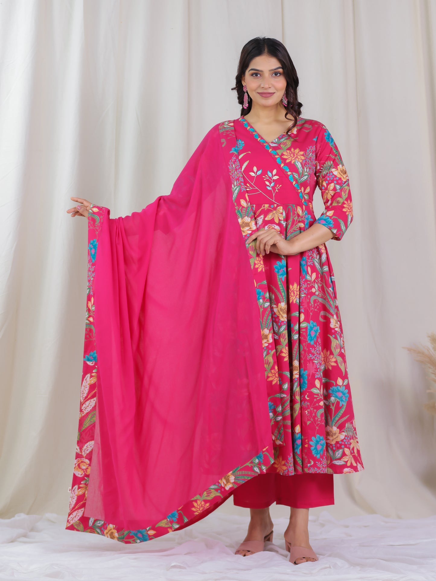 Embroidered Soft Cotton Floral Angrakha Pink Kurta