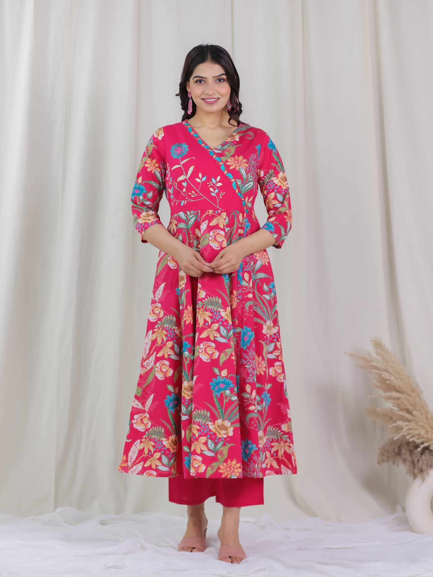 Embroidered Soft Cotton Floral Angrakha Pink Kurta