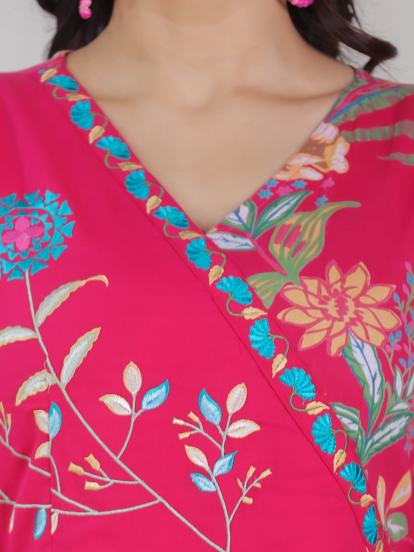 Embroidered Soft Cotton Floral Angrakha Pink Kurta
