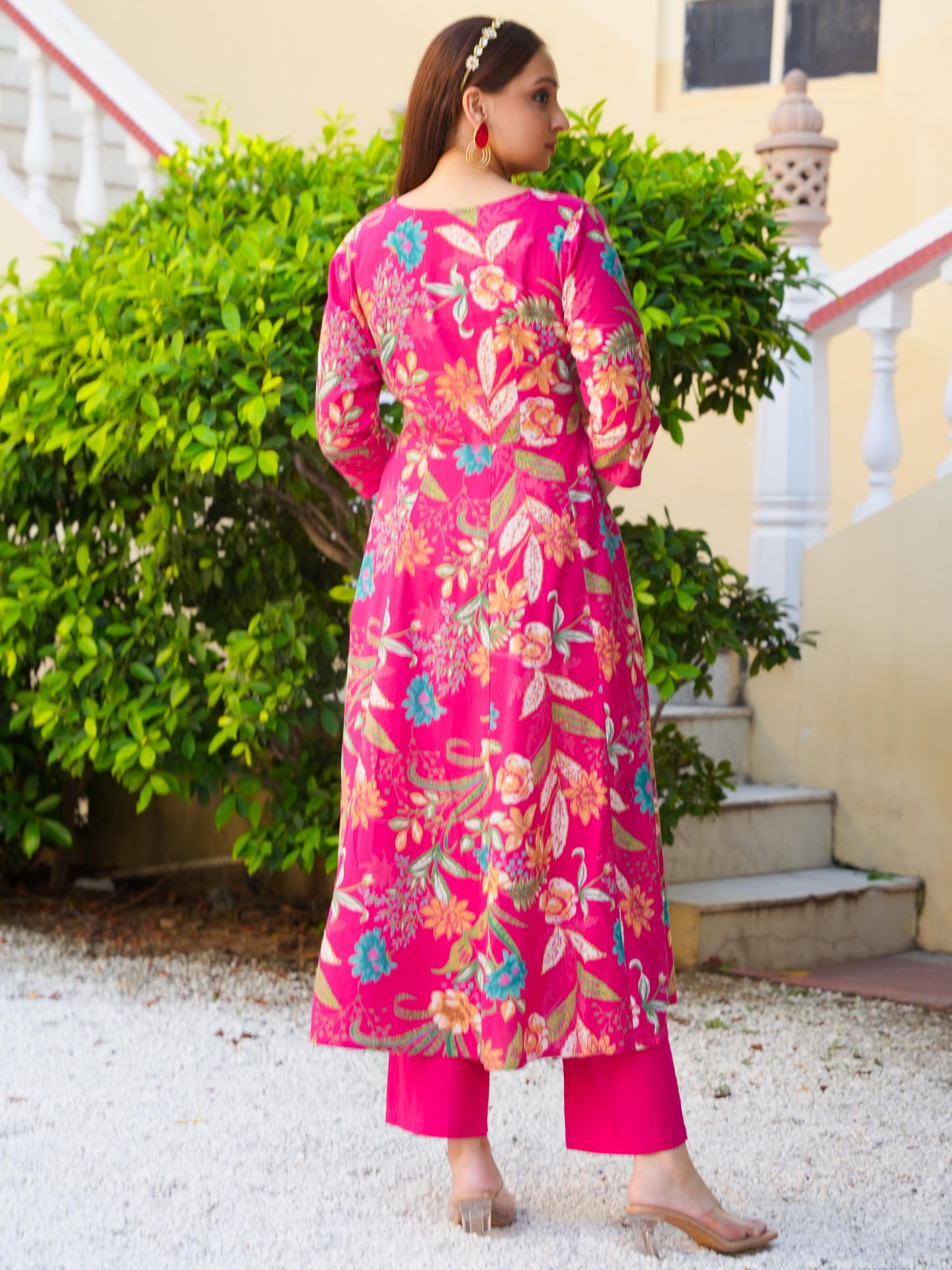 Embroidered Soft Cotton Floral Angrakha Pink Kurta