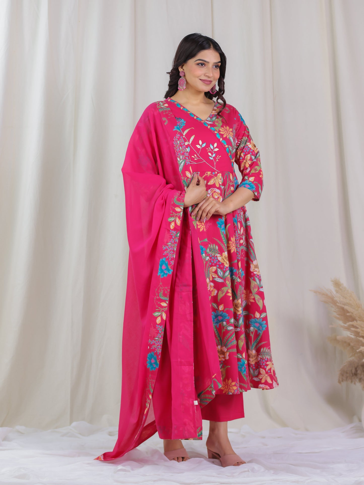 Embroidered Soft Cotton Floral Angrakha Pink Kurta