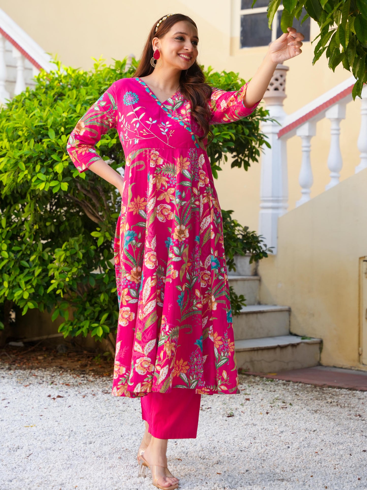 Embroidered Soft Cotton Floral Angrakha Pink Kurta