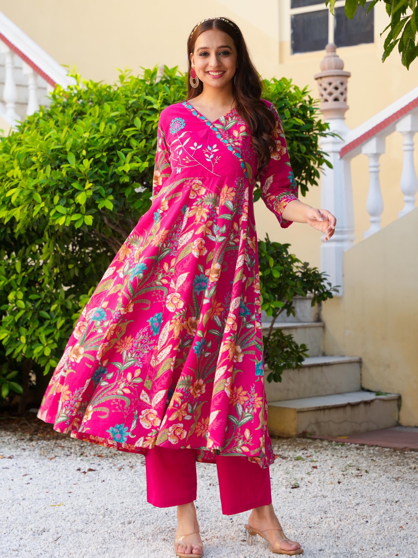 Embroidered Soft Cotton Floral Angrakha Pink Kurta