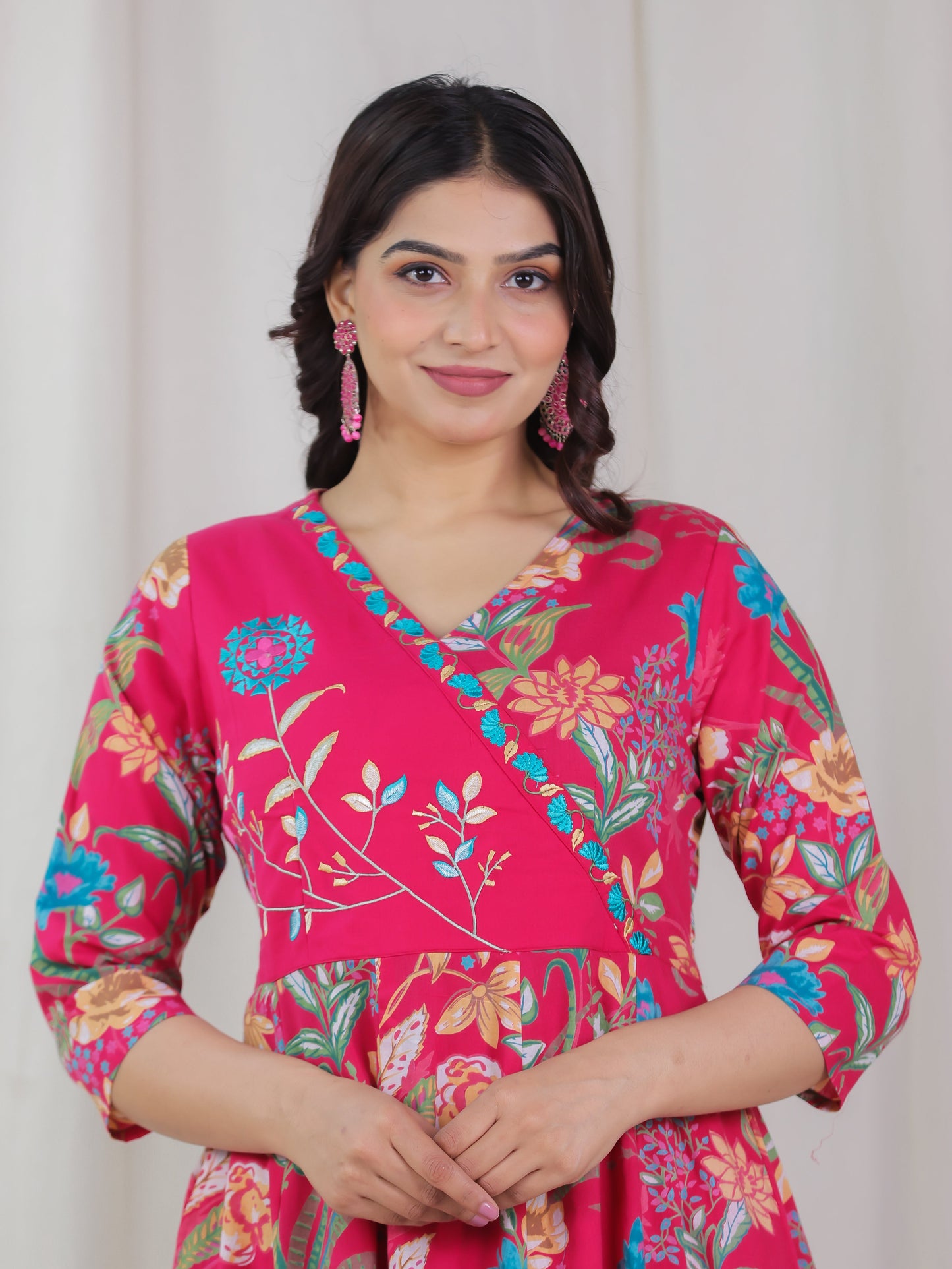Embroidered Soft Cotton Floral Angrakha Pink Kurta