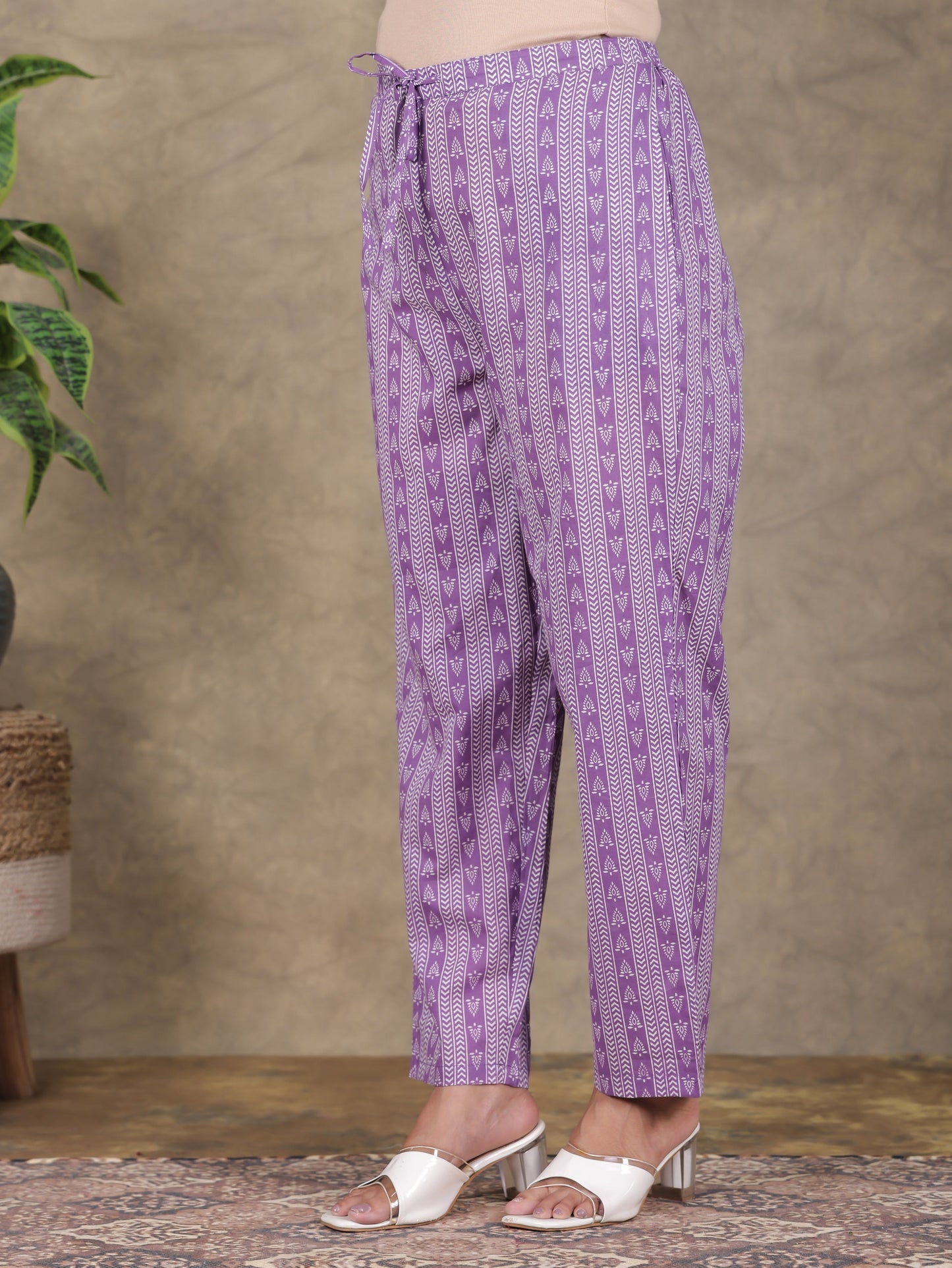 Soft Cotton Striped Purple Tapered Trousers