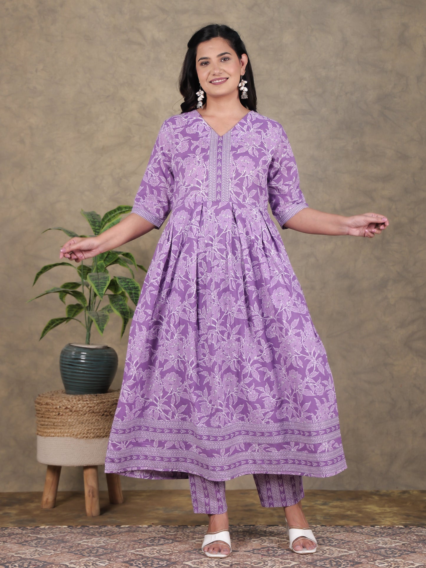 Soft Cotton Floral A-line Purple Kurta
