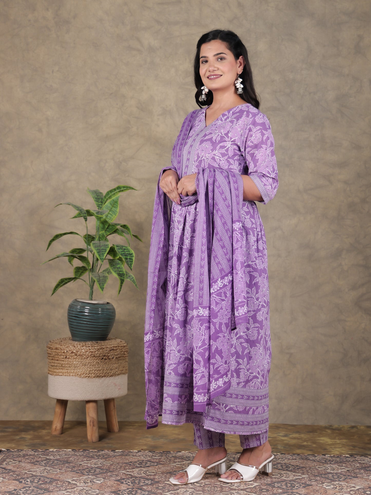 Soft Cotton Floral A-line Purple Kurta