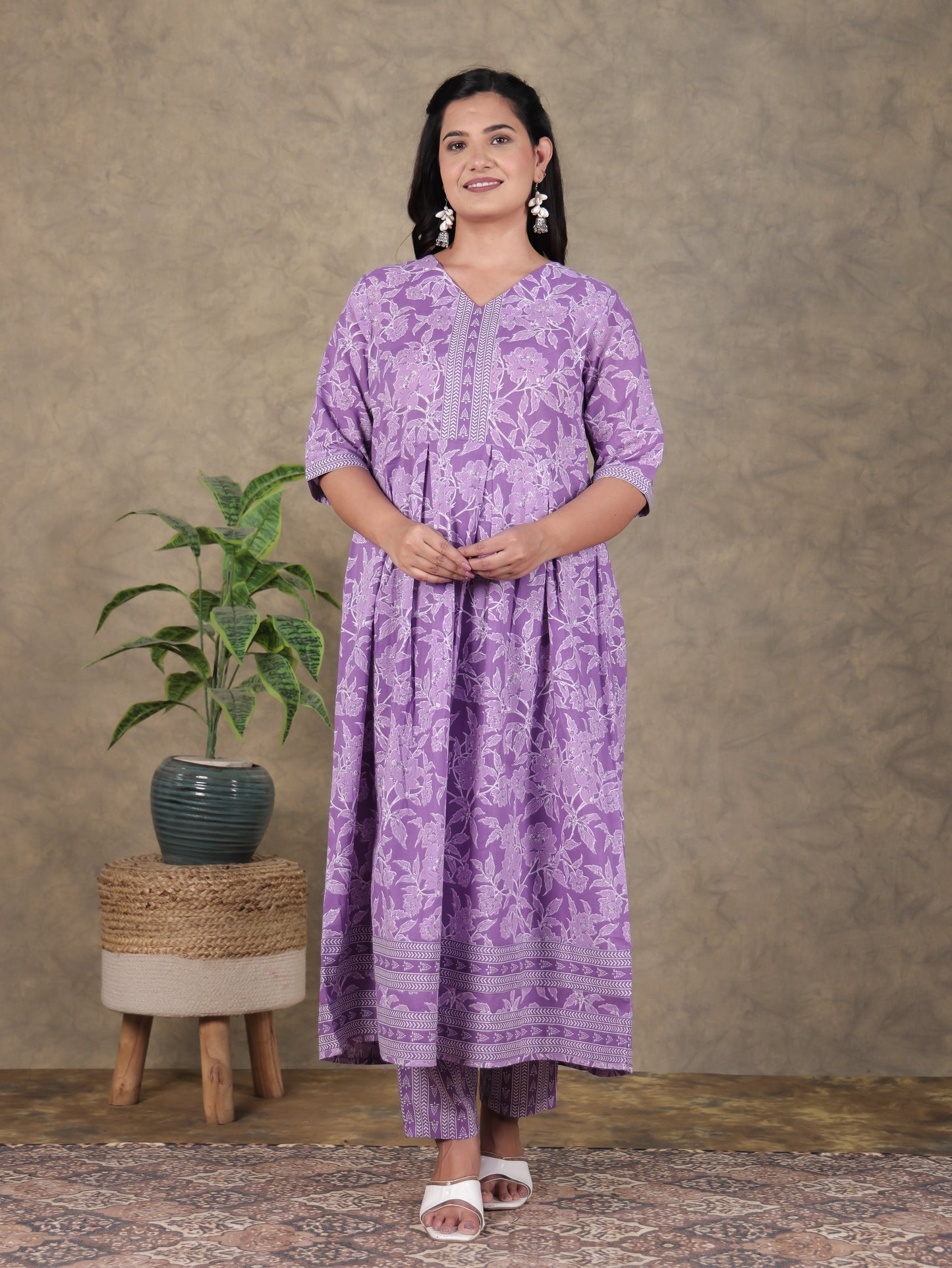 Soft Cotton Floral A-line Purple Kurta
