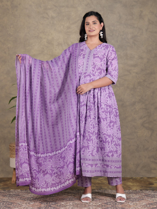 Soft Cotton Floral A-line Purple Kurta