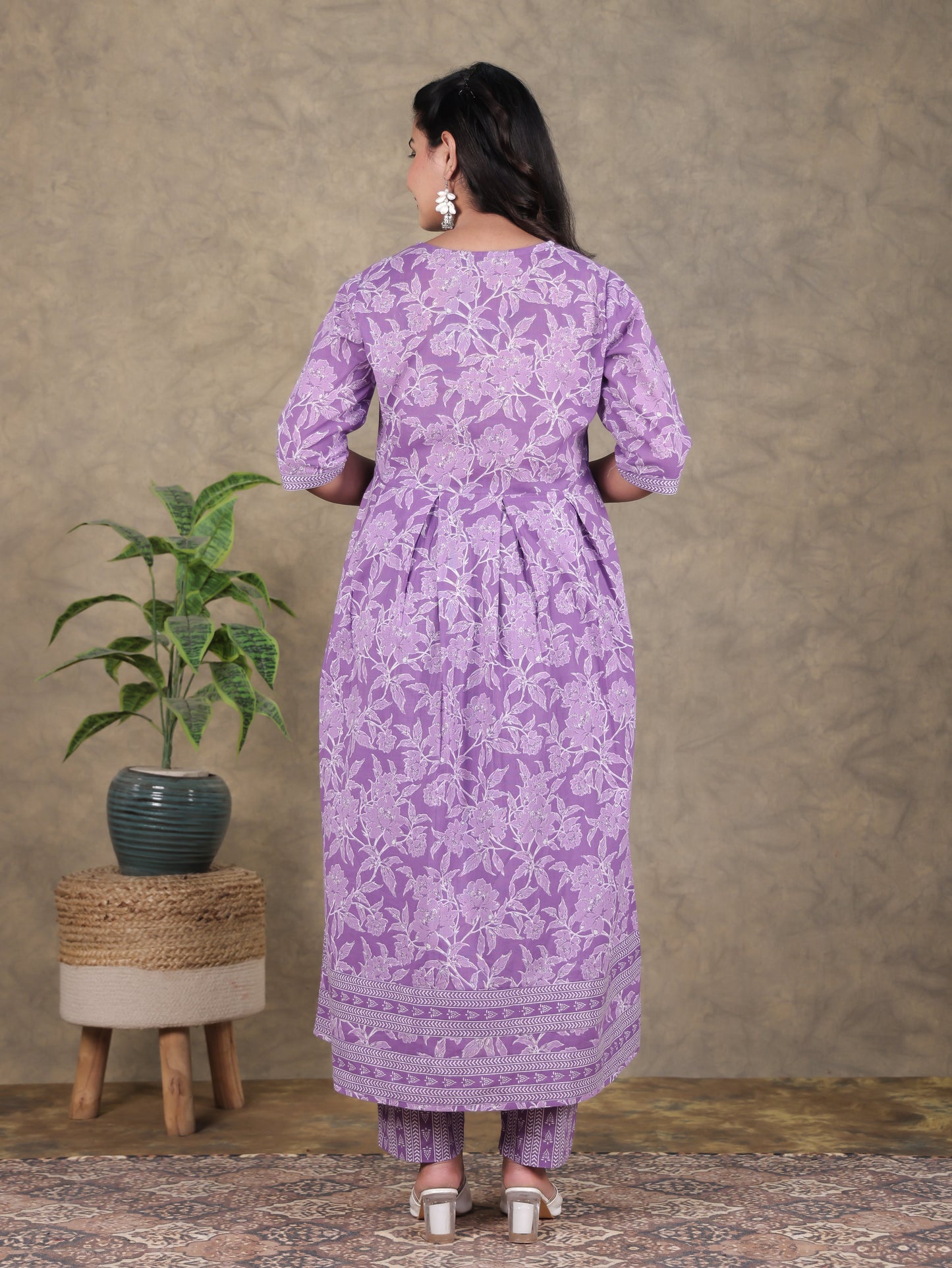 Soft Cotton Floral A-line Purple Kurta