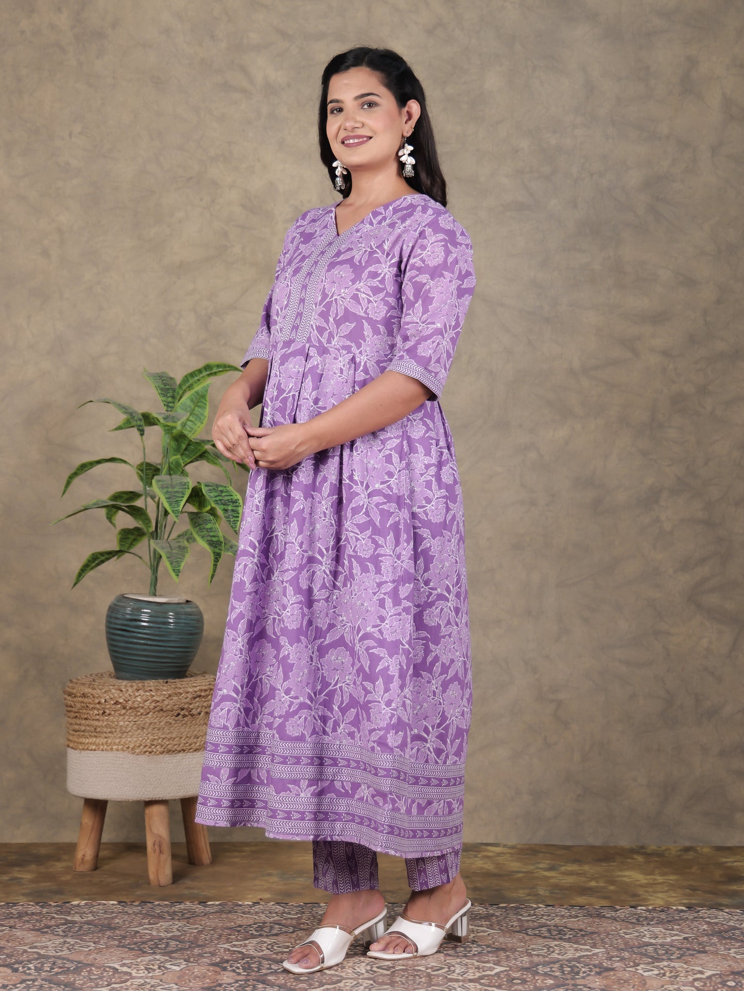 Soft Cotton Floral A-line Purple Kurta