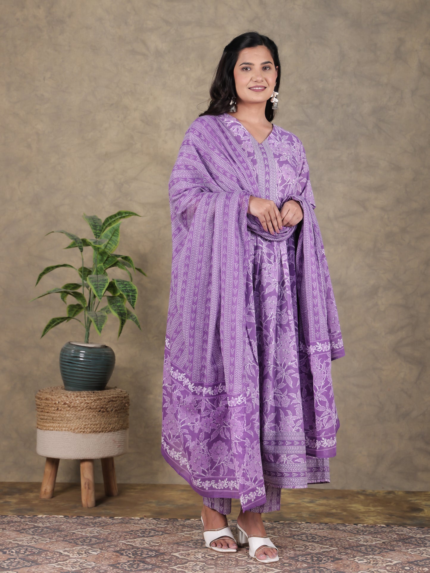 Soft Cotton Floral A-line Purple Kurta