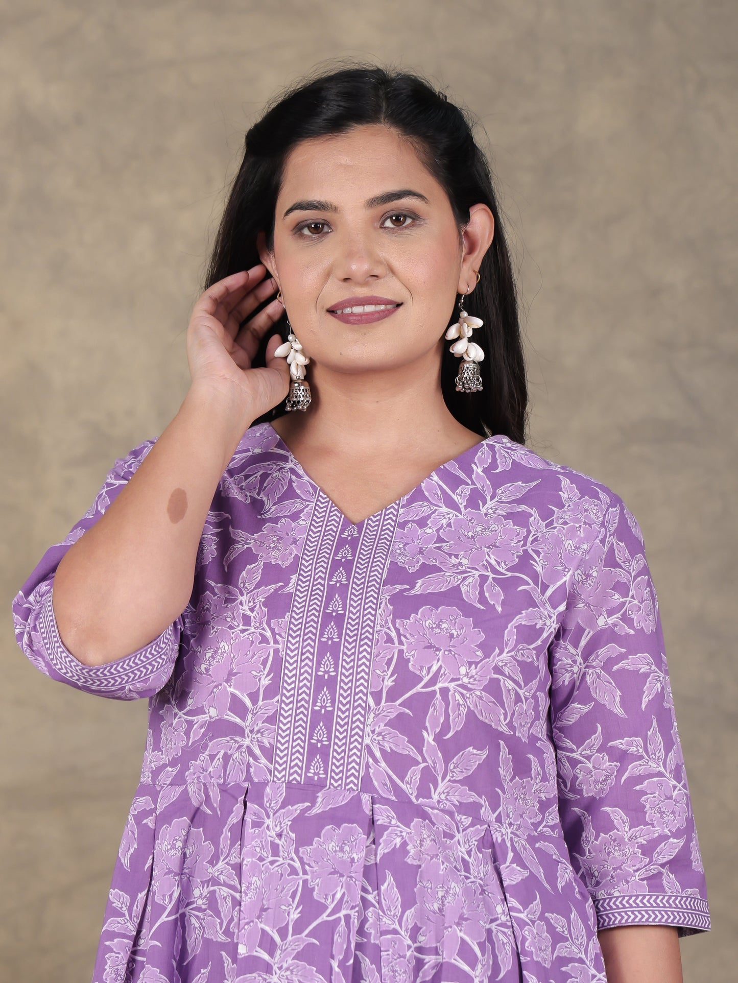 Soft Cotton Floral A-line Purple Kurta