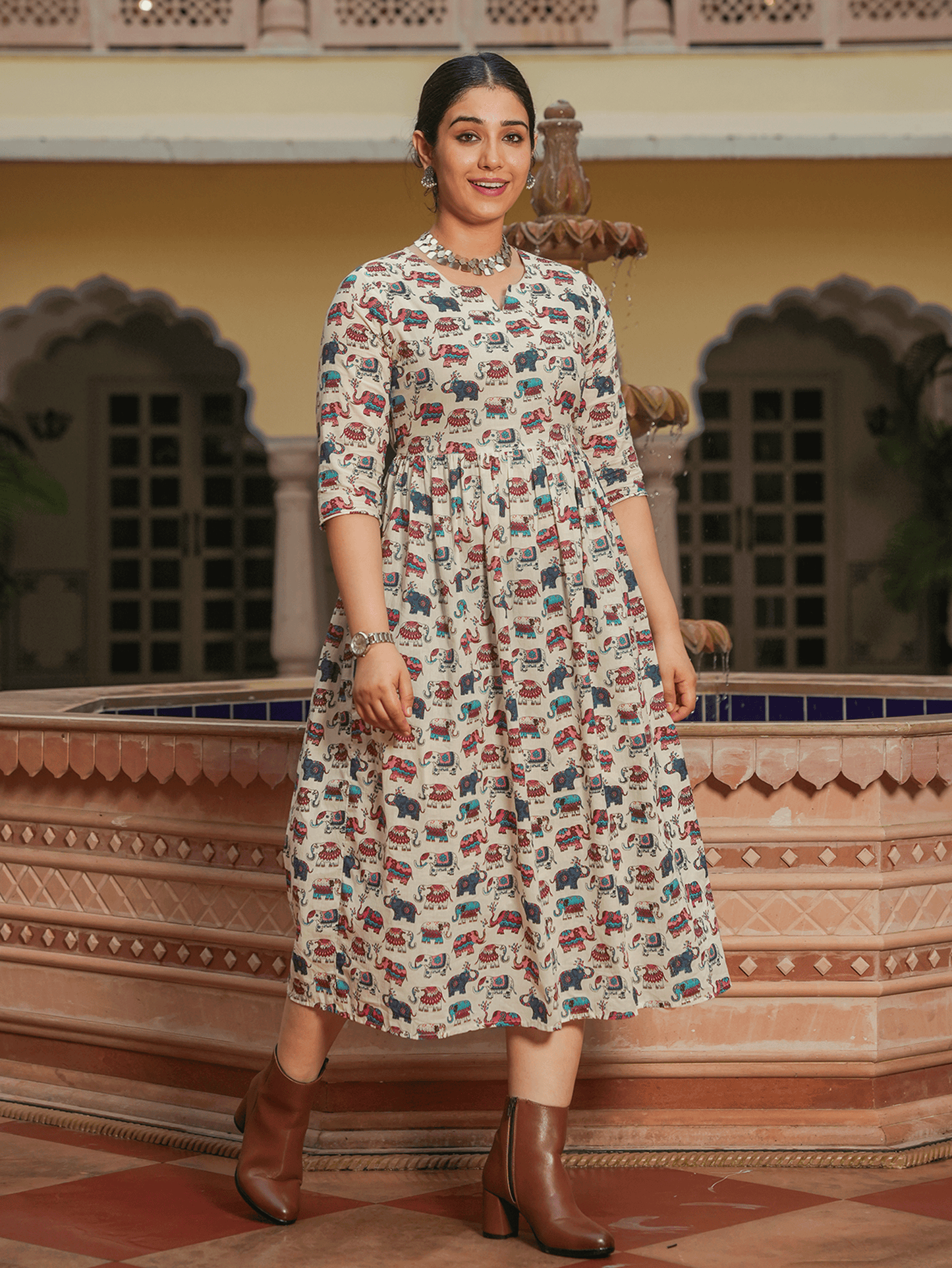 Soft Cotton Animal Anarkali White Dress