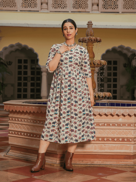 Soft Cotton Animal Anarkali White Dress