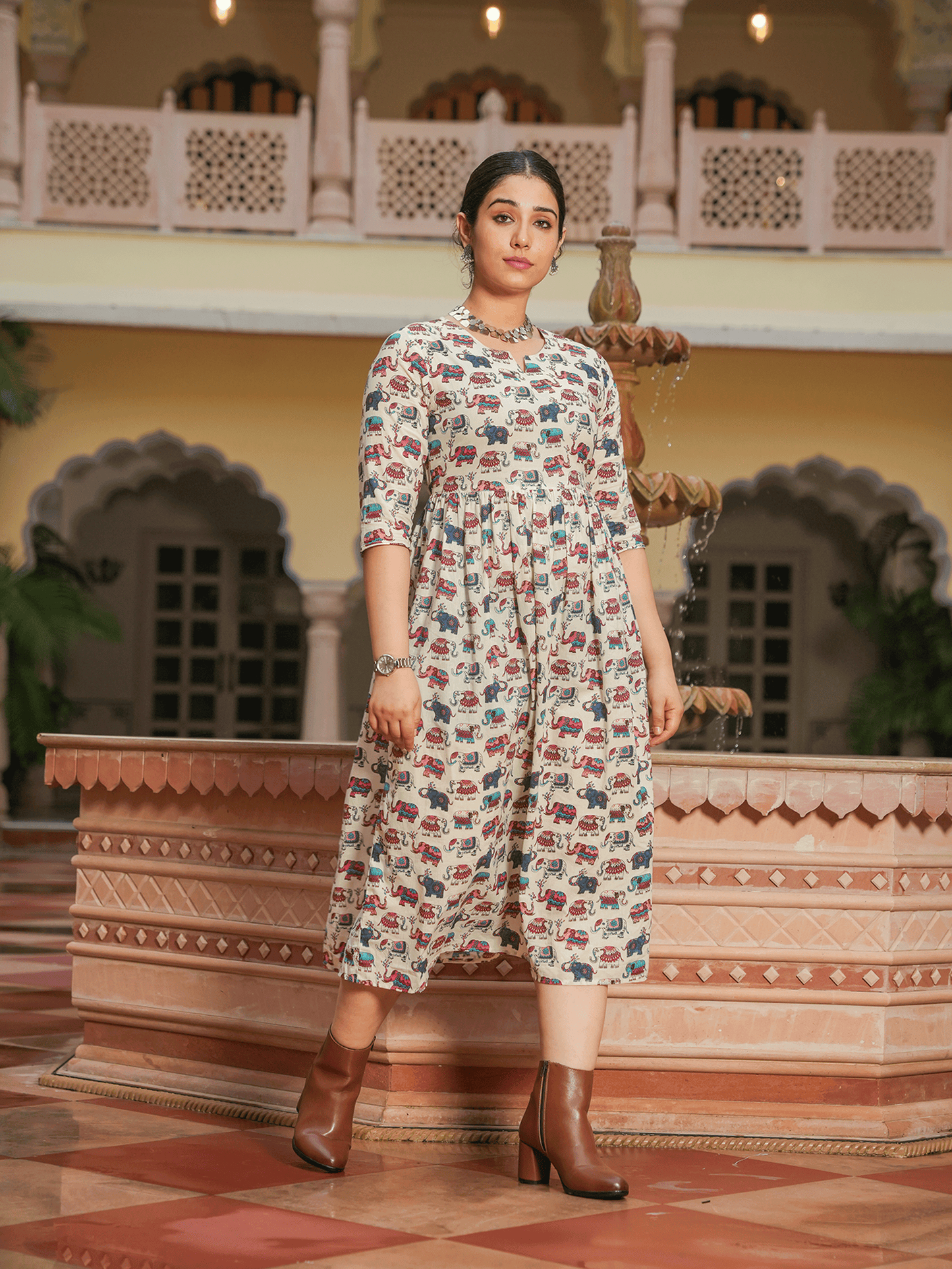 Soft Cotton Animal Anarkali White Dress