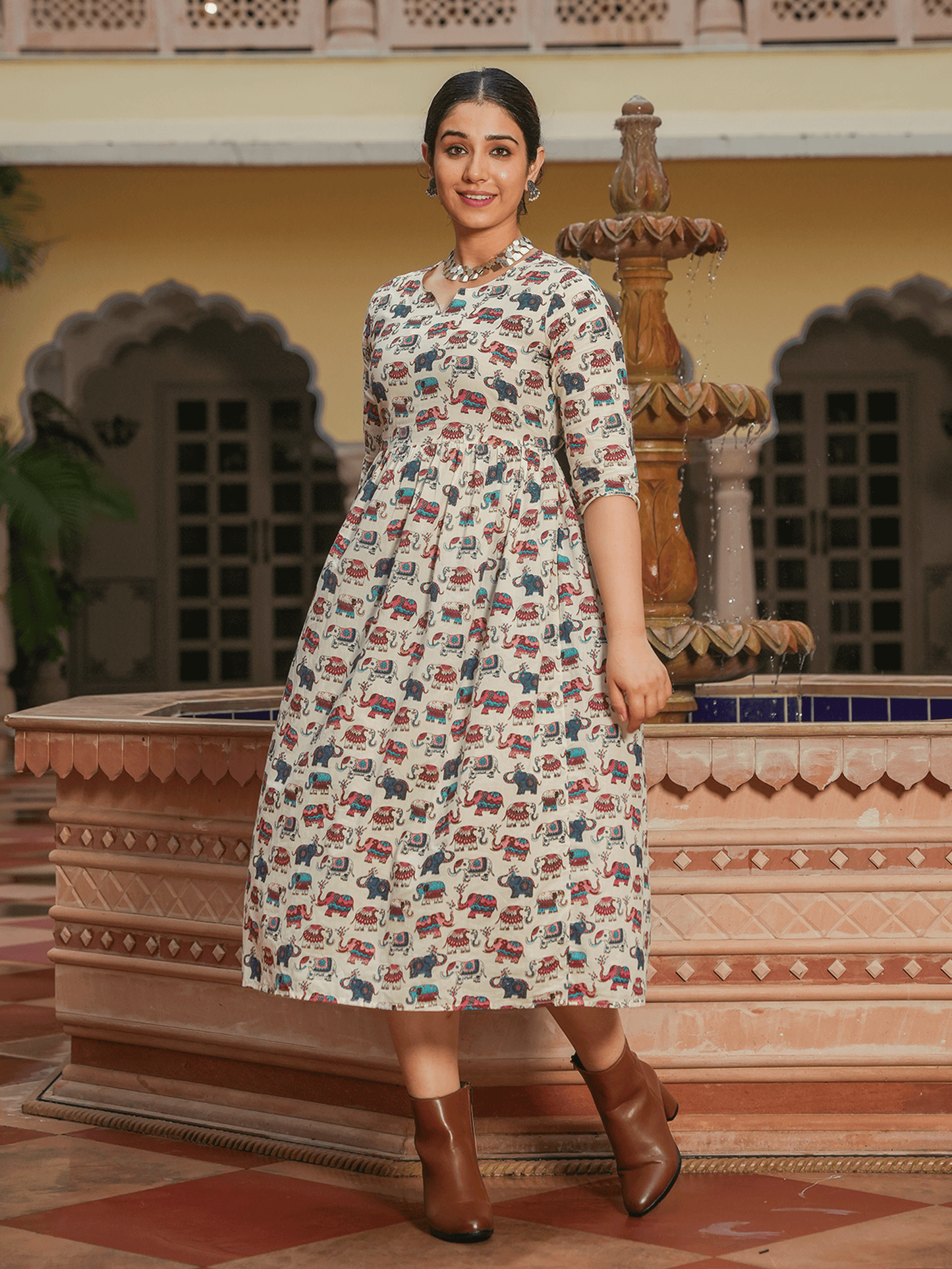 Soft Cotton Animal Anarkali White Dress