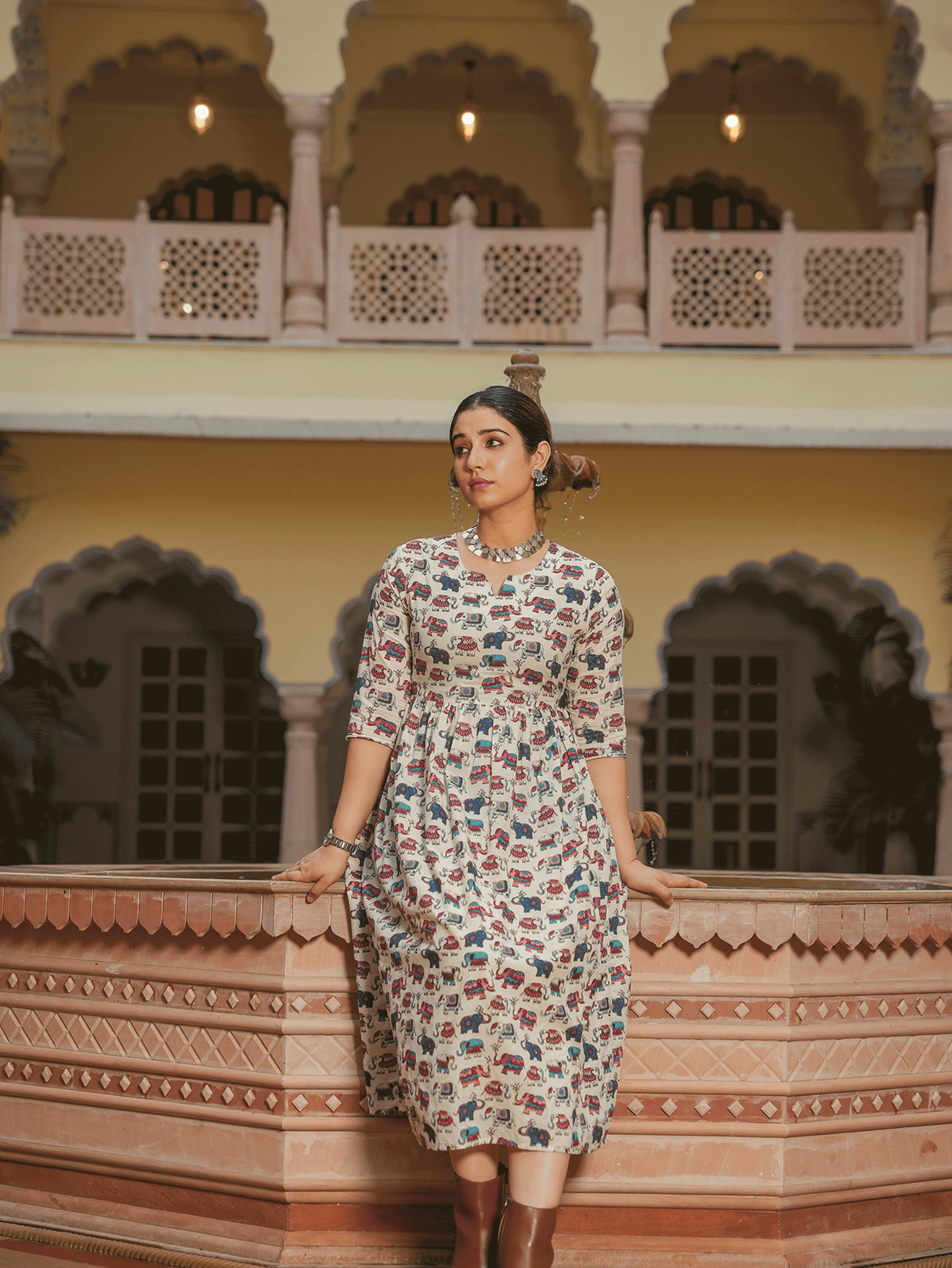 Soft Cotton Animal Anarkali White Dress