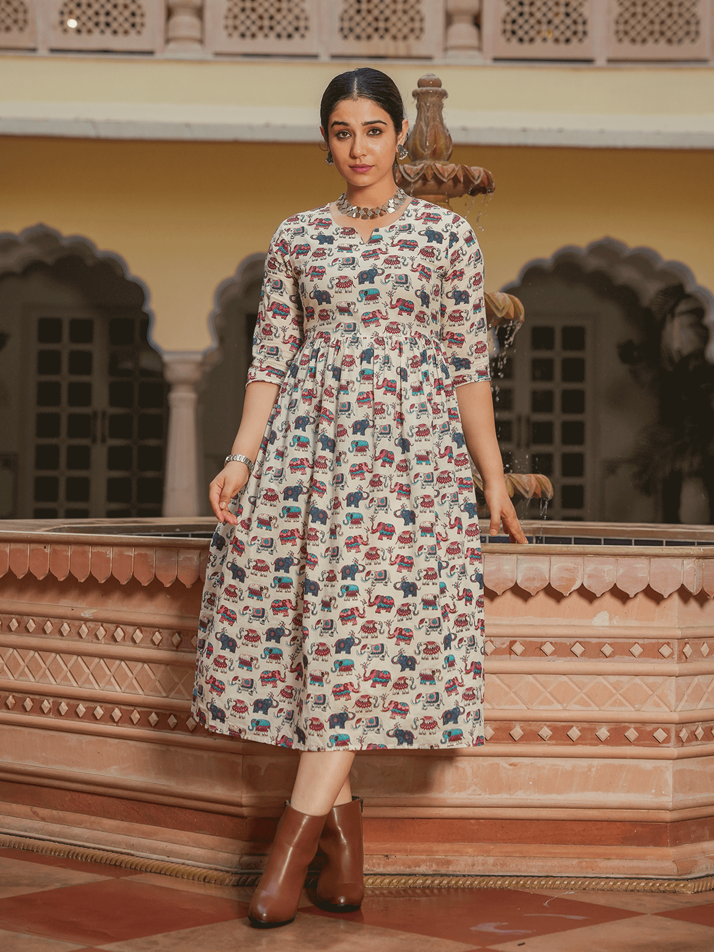 Soft Cotton Animal Anarkali White Dress