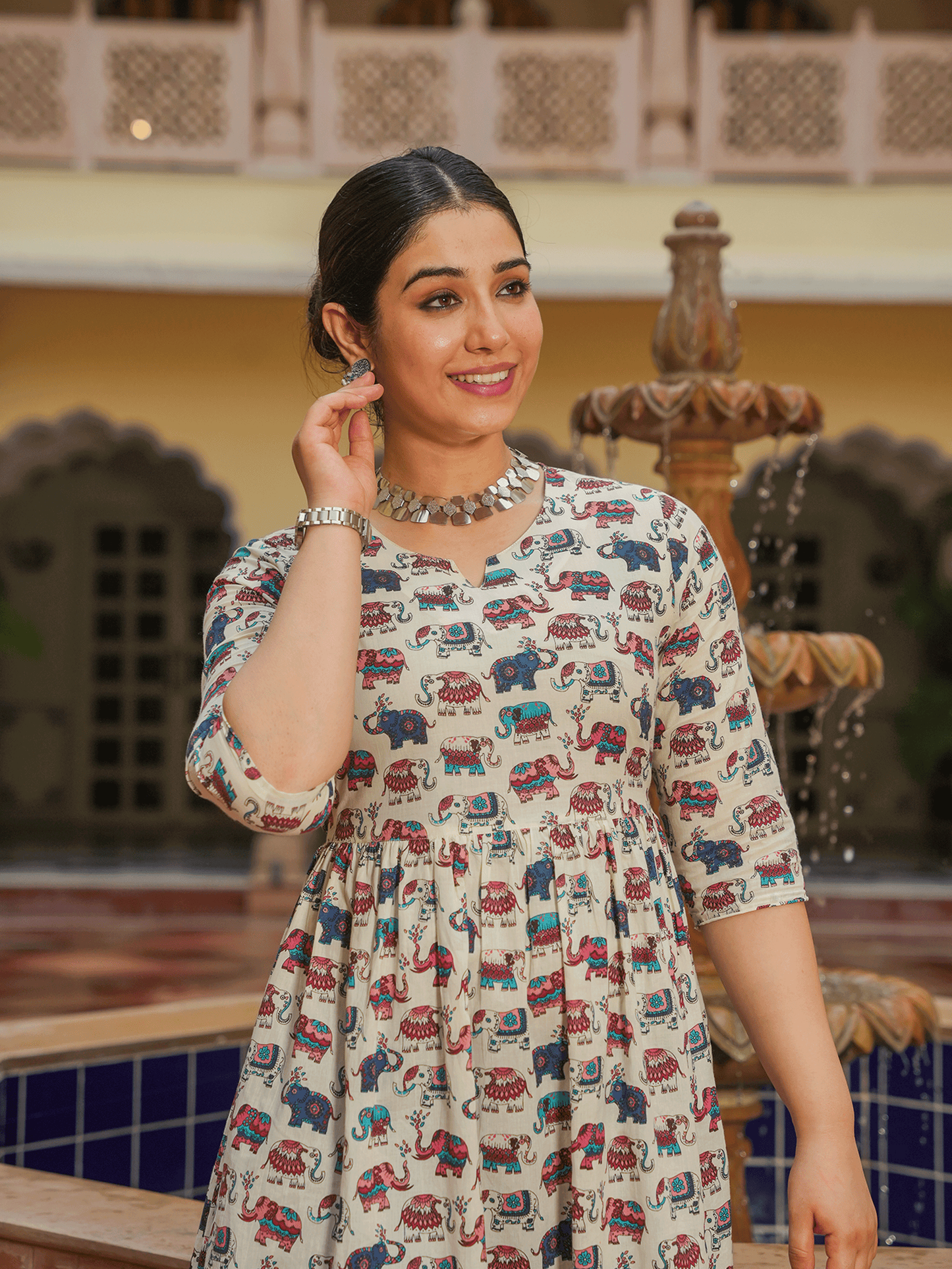 Soft Cotton Animal Anarkali White Dress