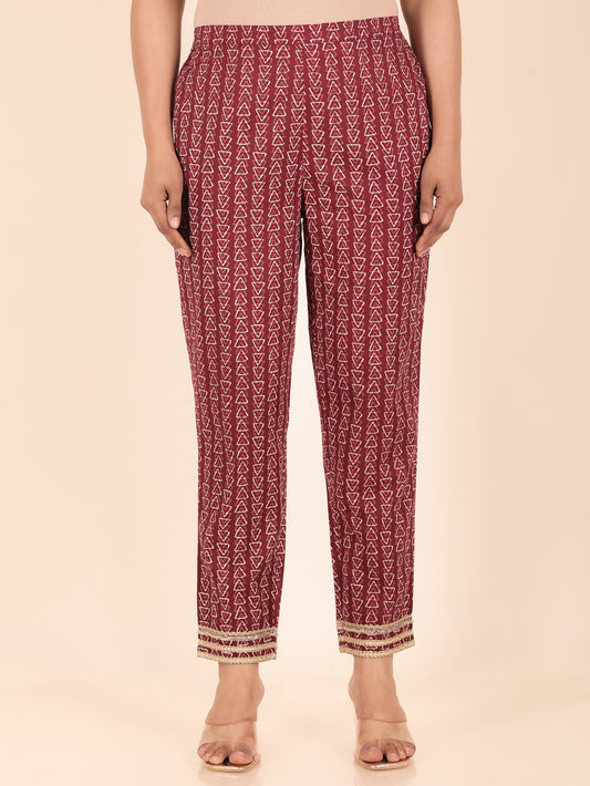 Soft Cotton Geometric Maroon Tapered Trousers