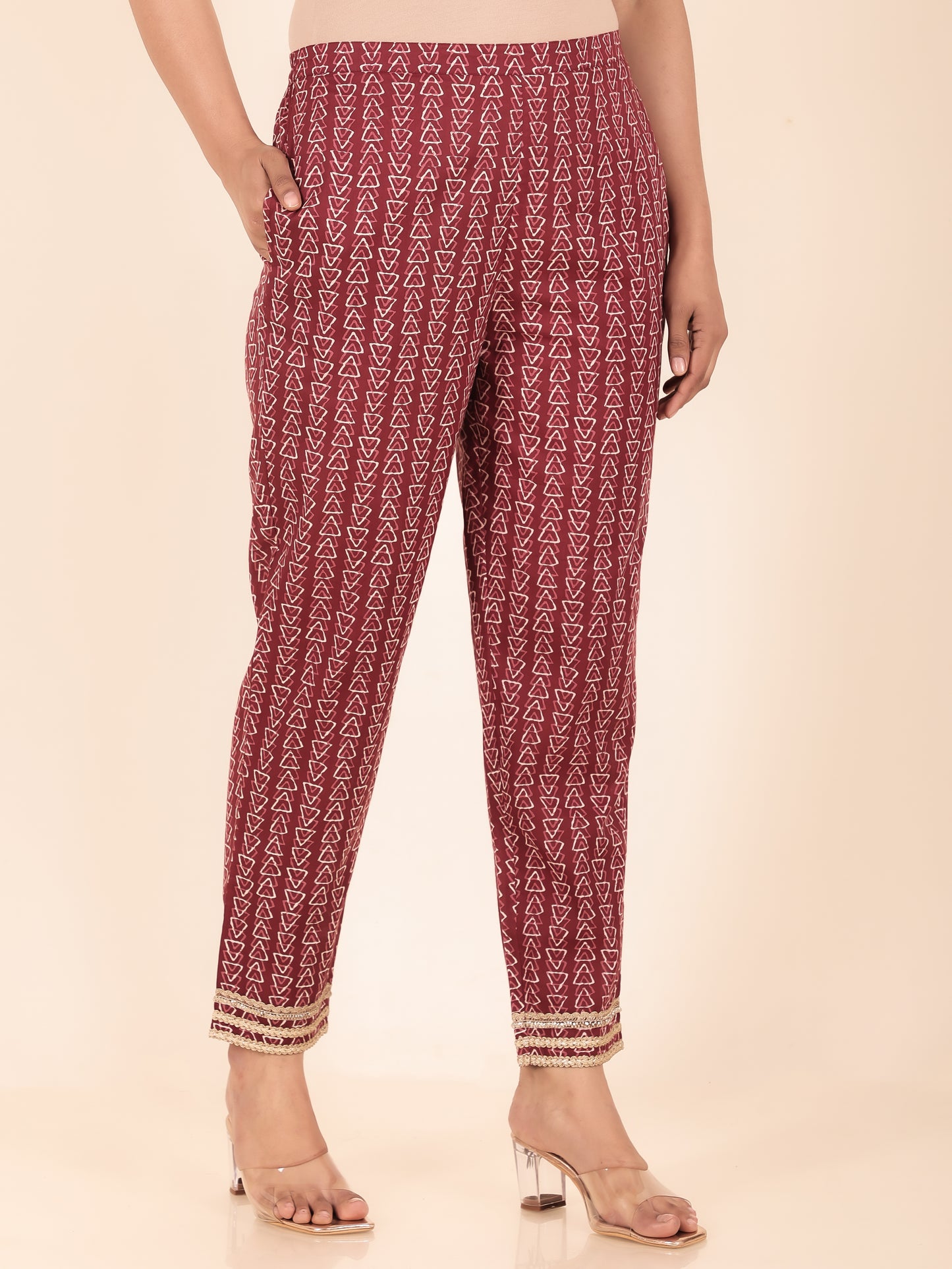 Soft Cotton Geometric Maroon Tapered Trousers