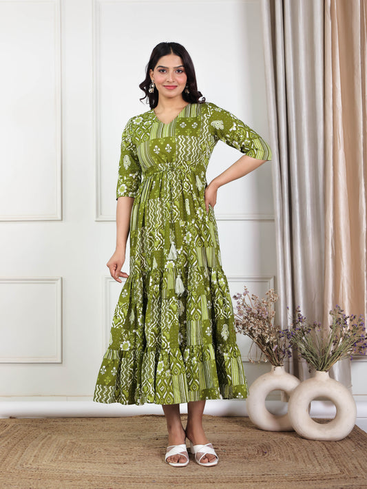 Soft Cotton Patchwork A-line Green Dress
