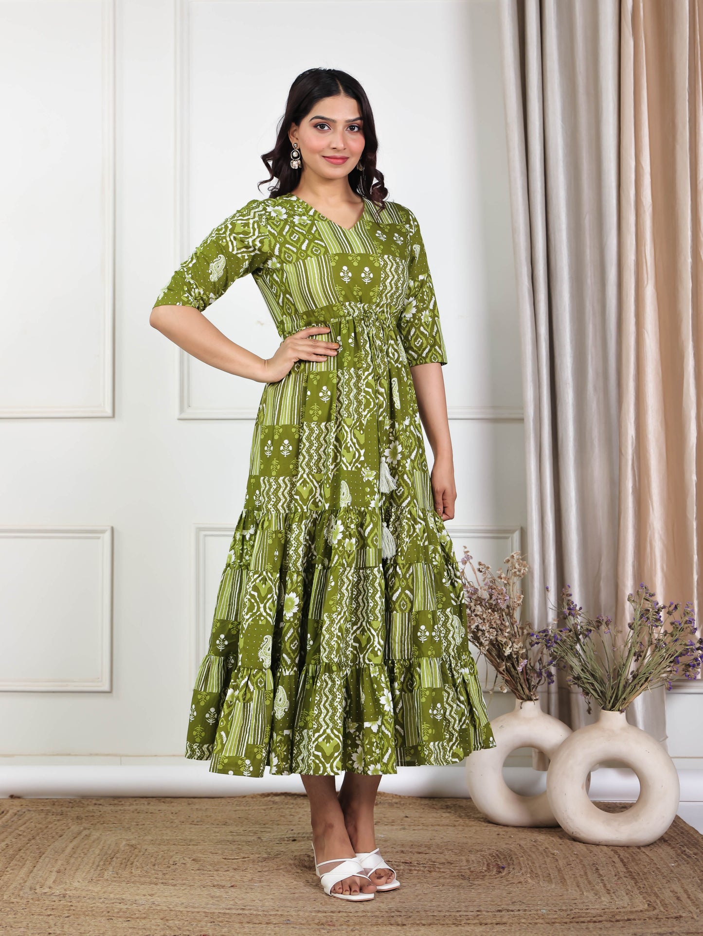 Soft Cotton Patchwork A-line Green Dress