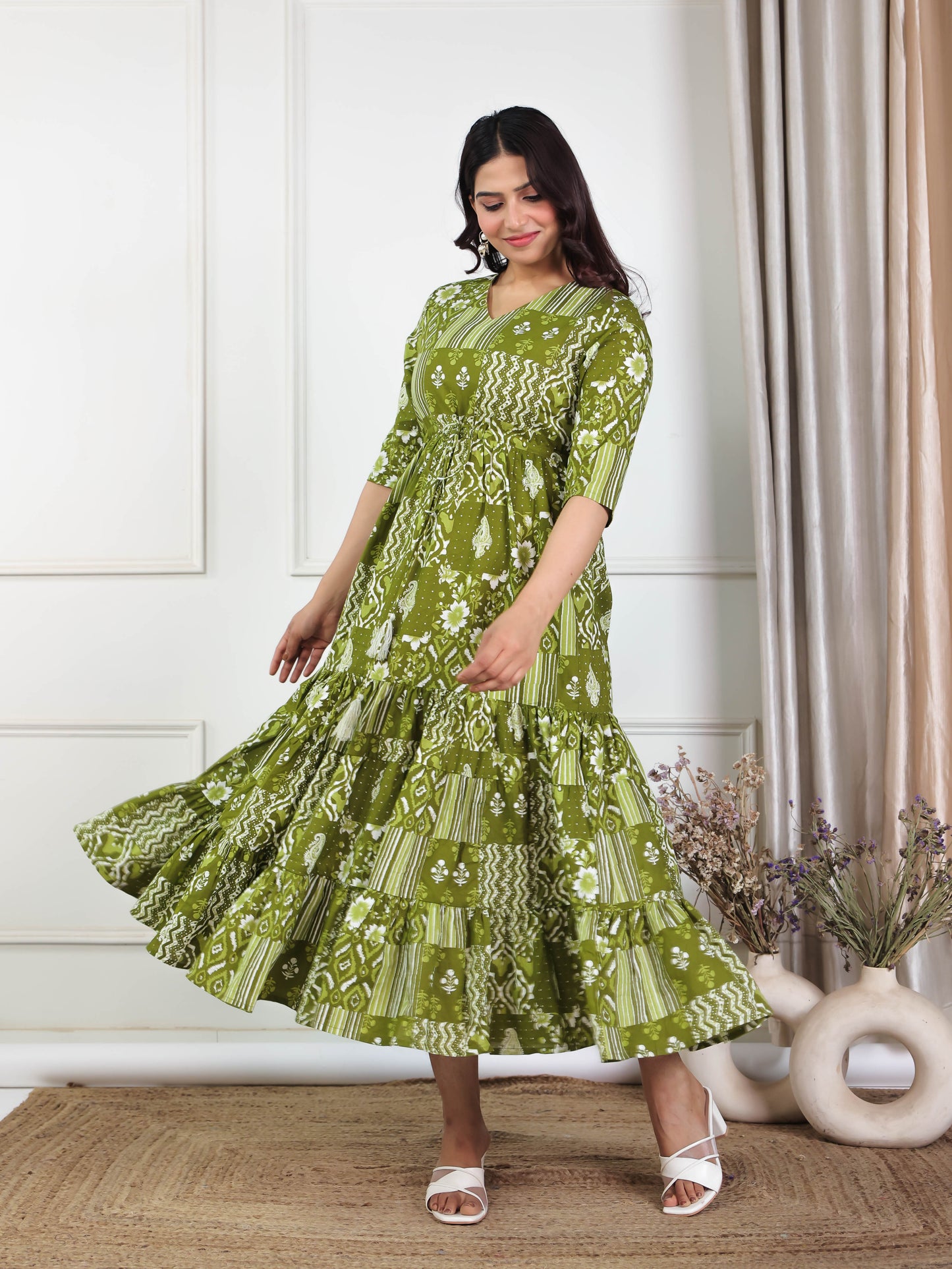 Soft Cotton Patchwork A-line Green Dress