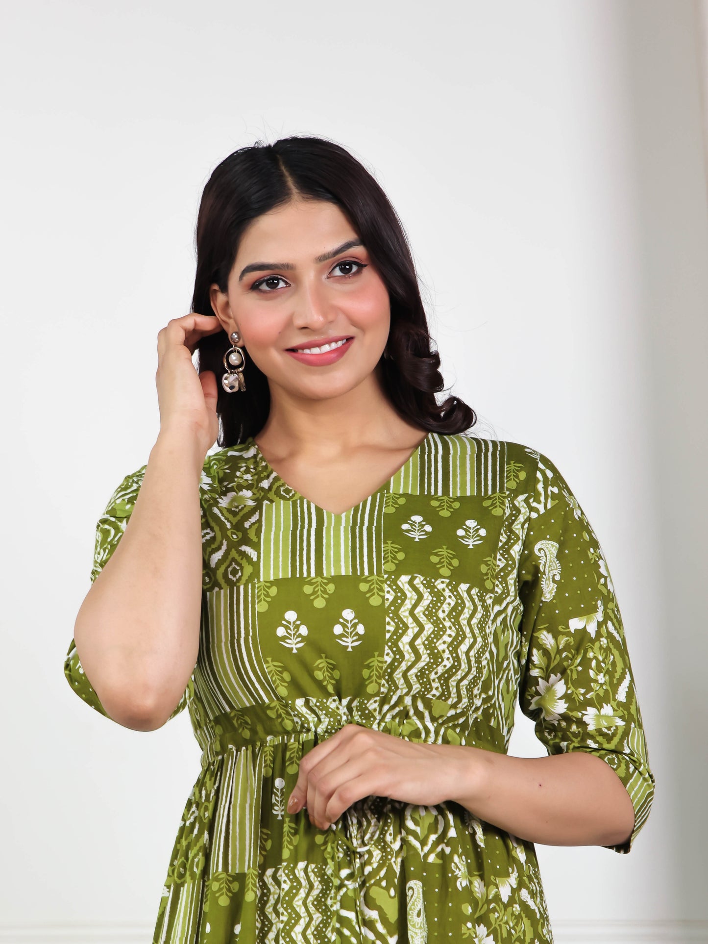 Soft Cotton Patchwork A-line Green Dress