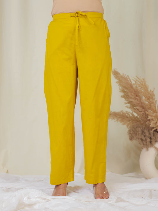 Soft Cotton Solid Yellow Straight Trousers