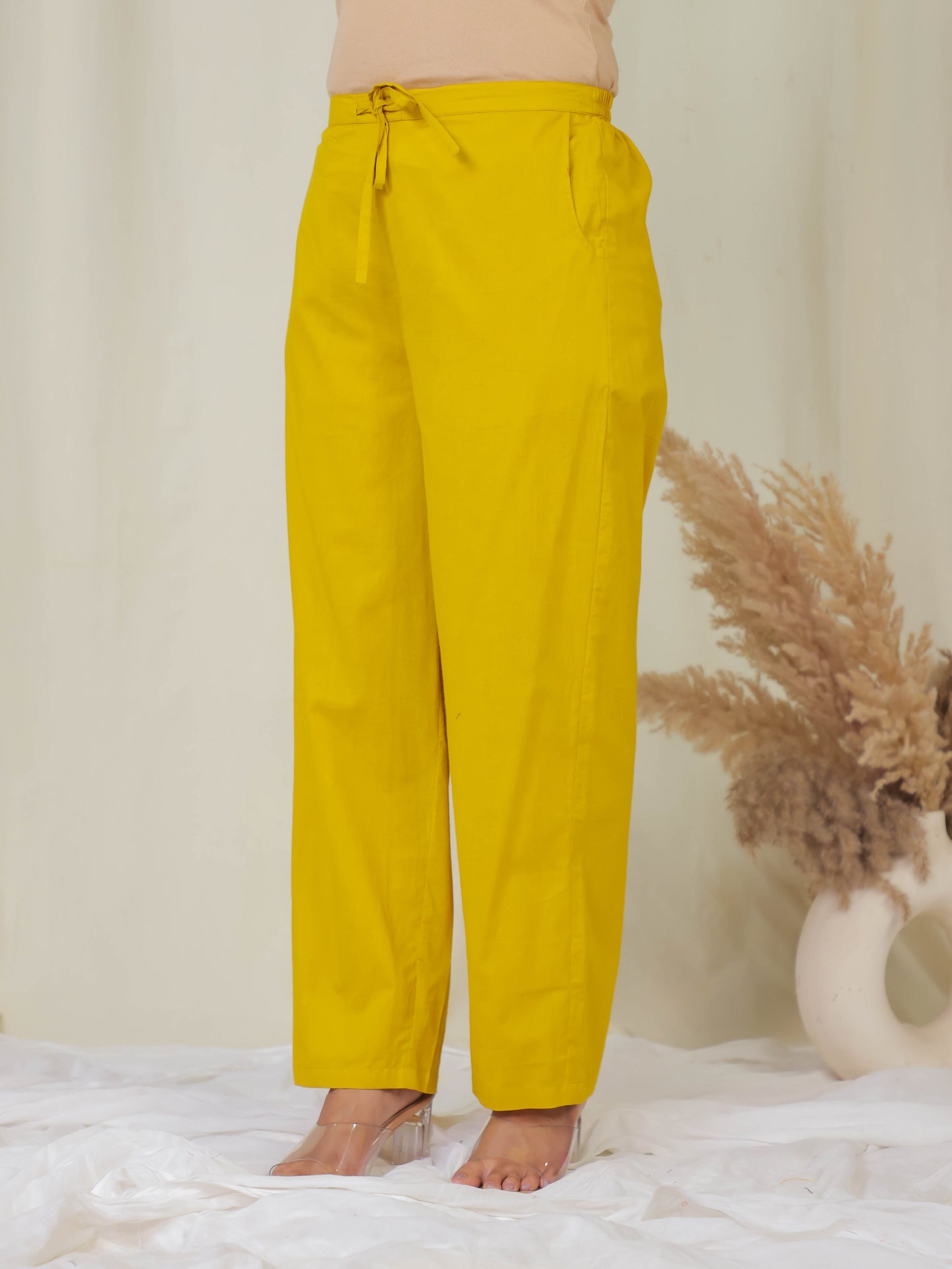 Soft Cotton Solid Yellow Straight Trousers