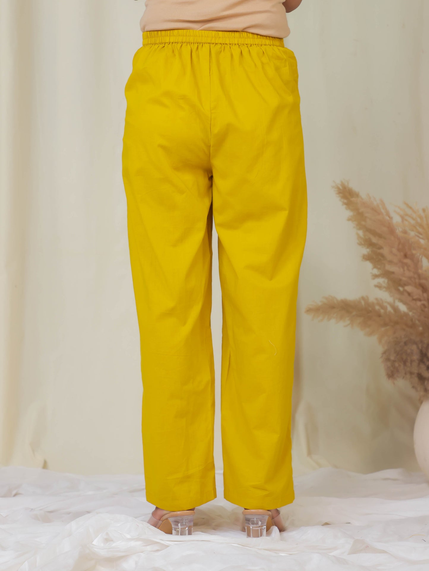 Soft Cotton Solid Yellow Straight Trousers