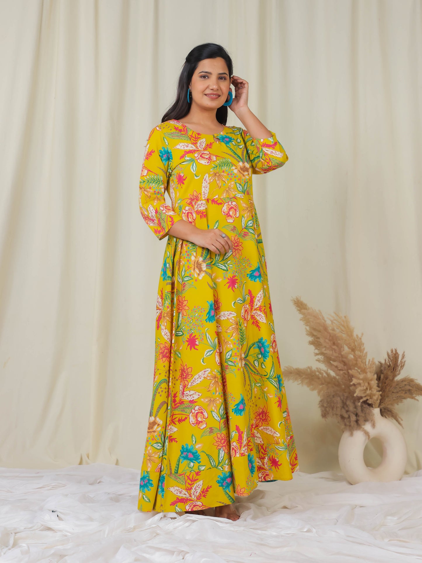 Soft Cotton Floral Anarkali Yellow Kurta