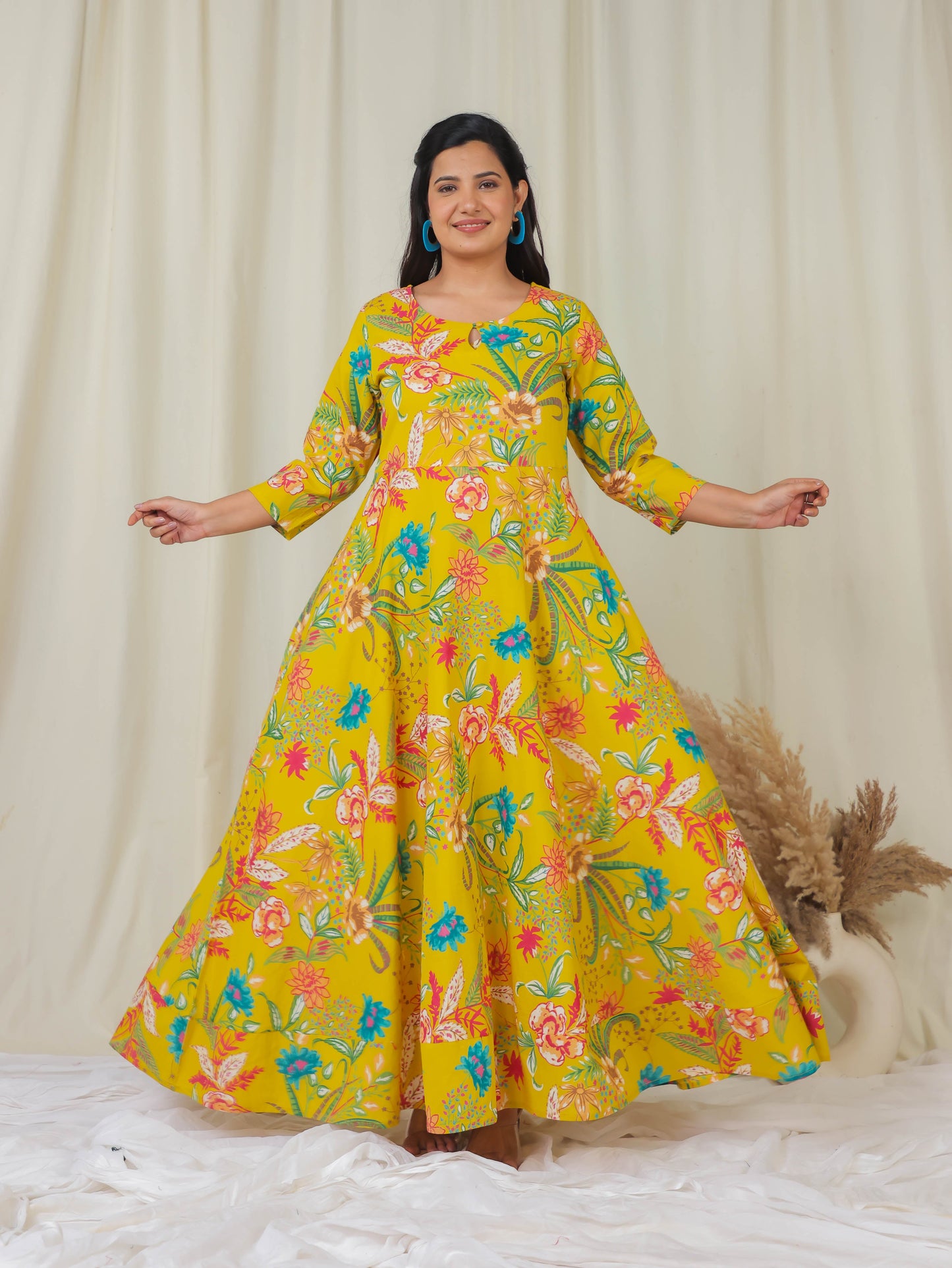 Soft Cotton Floral Anarkali Yellow Kurta