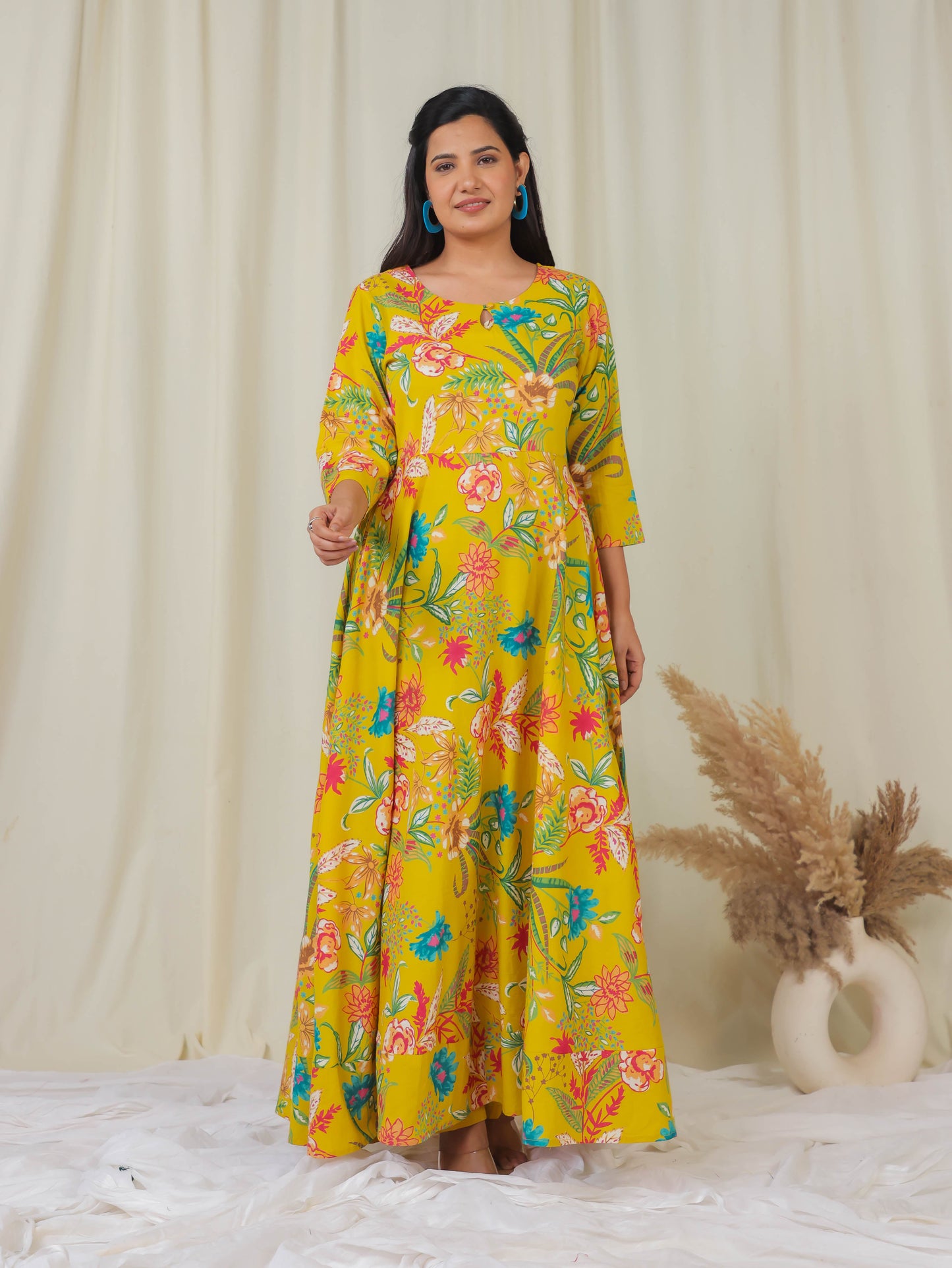 Soft Cotton Floral Anarkali Yellow Kurta