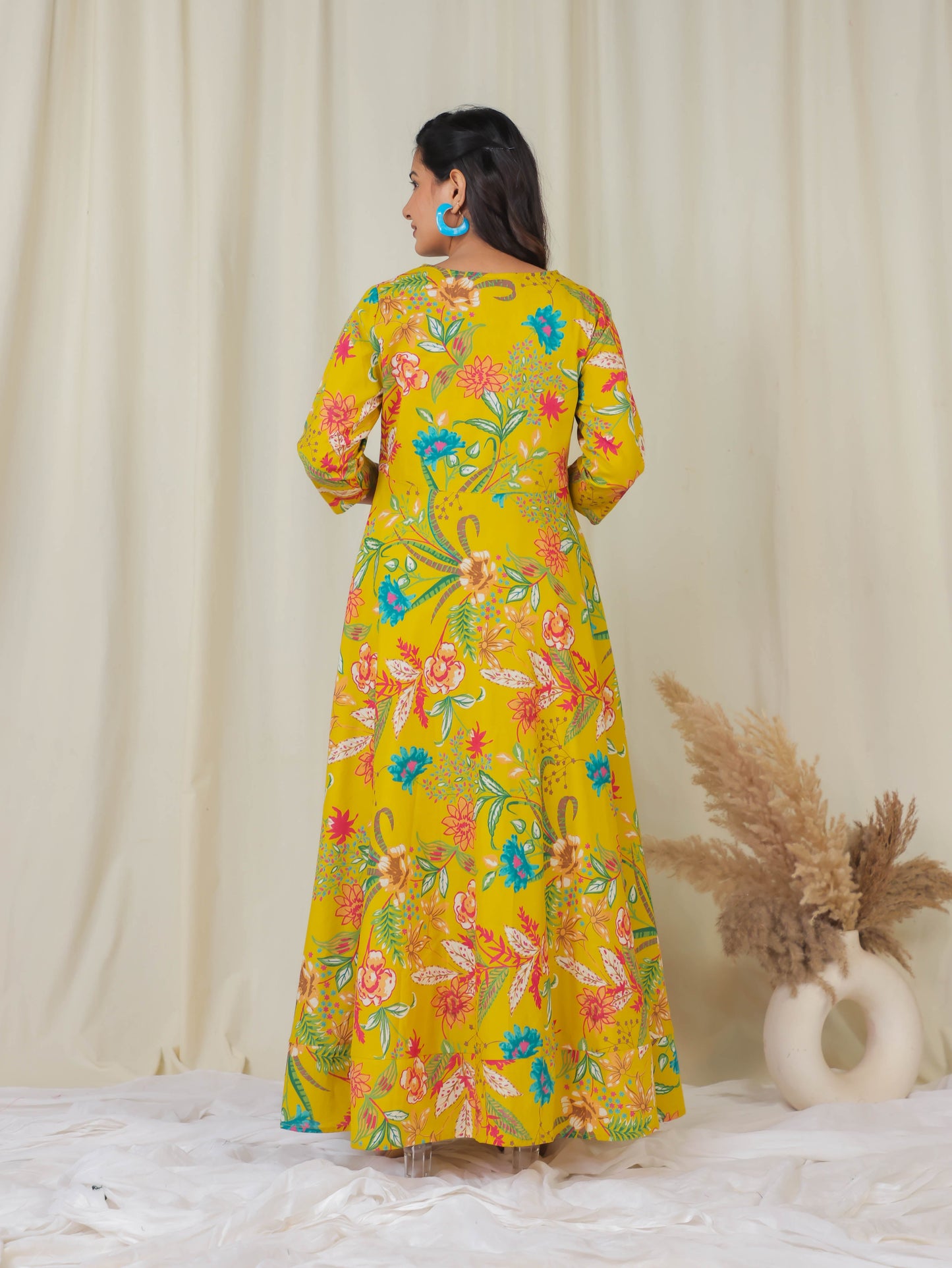 Soft Cotton Floral Anarkali Yellow Kurta