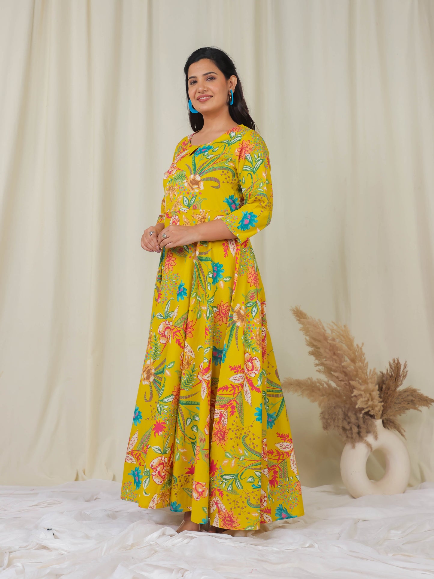 Soft Cotton Floral Anarkali Yellow Kurta