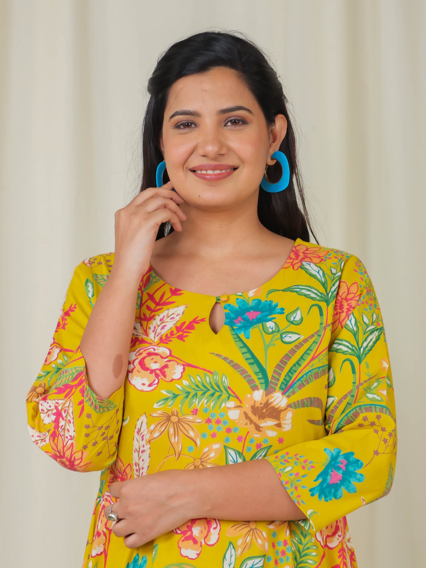 Soft Cotton Floral Anarkali Yellow Kurta